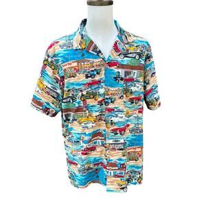 Vintage Classic Cars Gas Service Station Hawaiian Button Up Shirt Men's XL